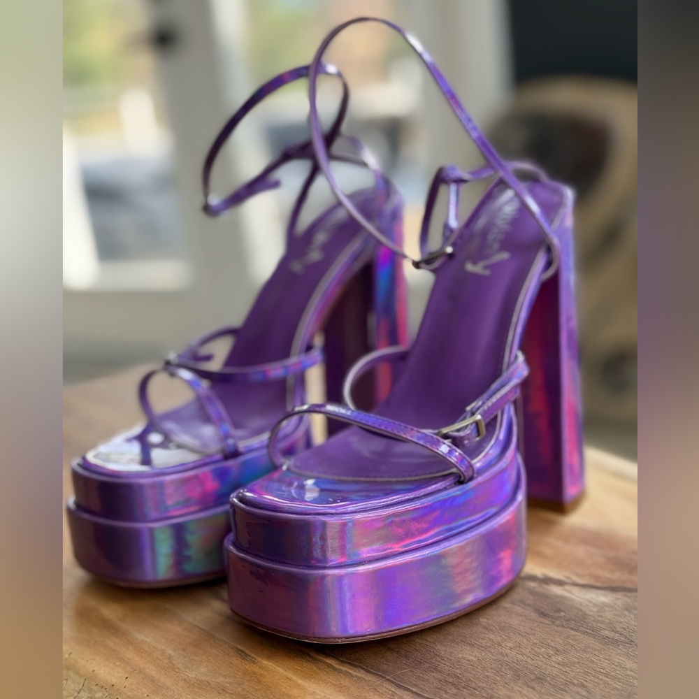 Purple Holographic Platform Ankle Strap Heels - Women’s 7